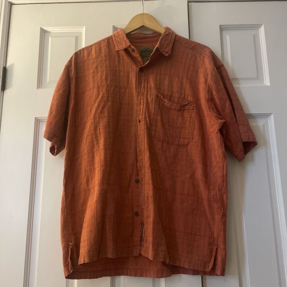 Flyshacker Men's Large Cotton Short Sleeve Button Up Shirt Orange Textured